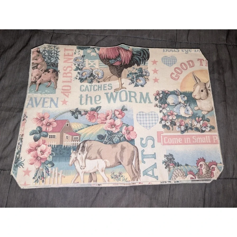 Country Farmhouse Placemats Cotton Depicting Animals w/Checkered Back Reversible